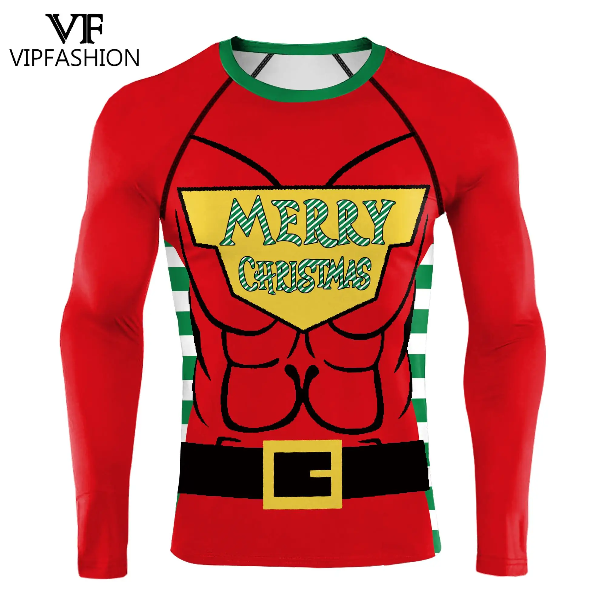 VIP FASHION Men Christmas Compression Shirt Long Short Sleeve T-shirts Merry Christmas Muscle Printed Top Male Cosplay Clothes