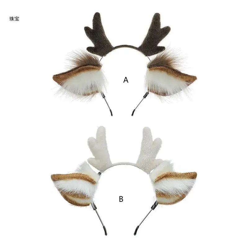 

X5QE милая повязка на голову с рогами северного оленя, обруч для волос ручной работы с пушистыми ушками животных