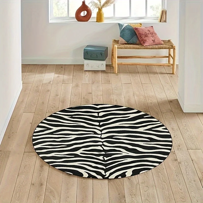 Zebra Print Round Area Rug Soft Non Slip Stain Resistant Floor Mat Living Room Kitchen Decor Indoor Home Carpet