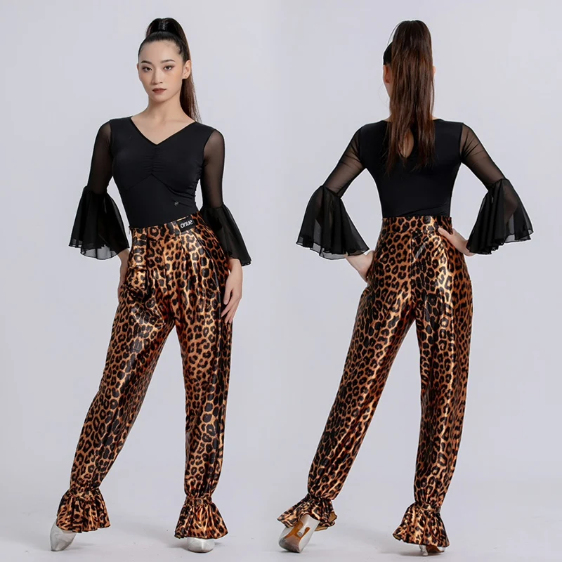 Ballroom Dance Clothes Women Standard Modern Dancing Outfit Flared Sleeve Black Dance Leotard Leopard Print Practice Pants 2693