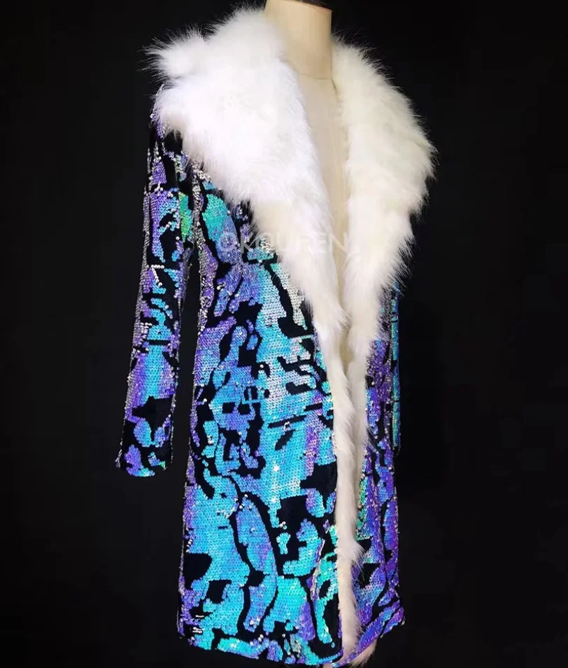 Fashion Male Singer Dancer Blue Colorful Fur Collar Long Coat Party Show Theme Stage Performance Cotumes