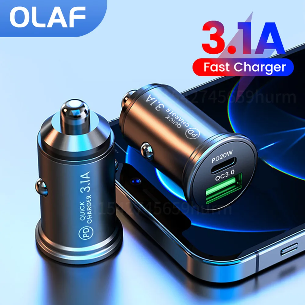 Olaf QC3.0 Car Charger Fast Charging White Black Dual Port Mini Car Phone Power Adapter PD 20W USB Type C Charge Car Charge