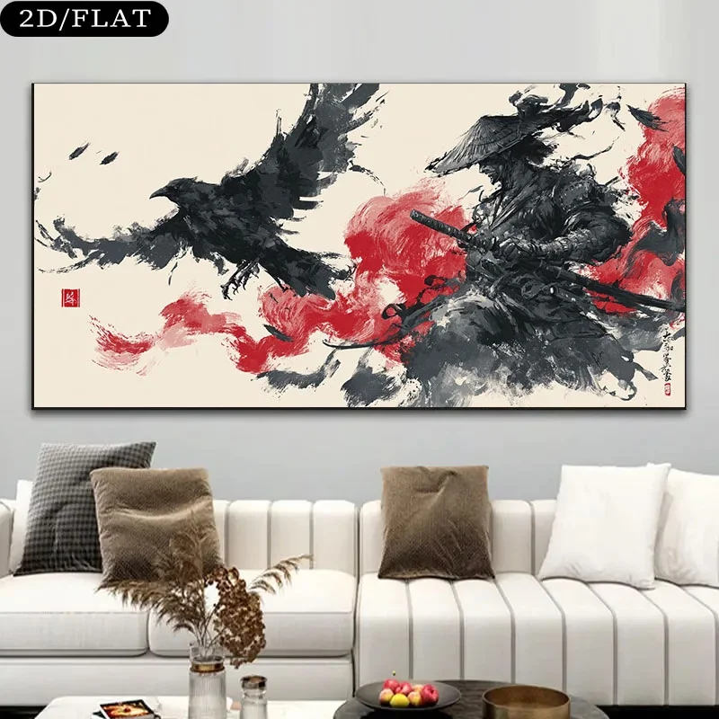 Samurai Warrior with Crows Against Posters Frameless Modern Canvas Prints Wall Art for Living Room and Bedroom Modern Home Decor