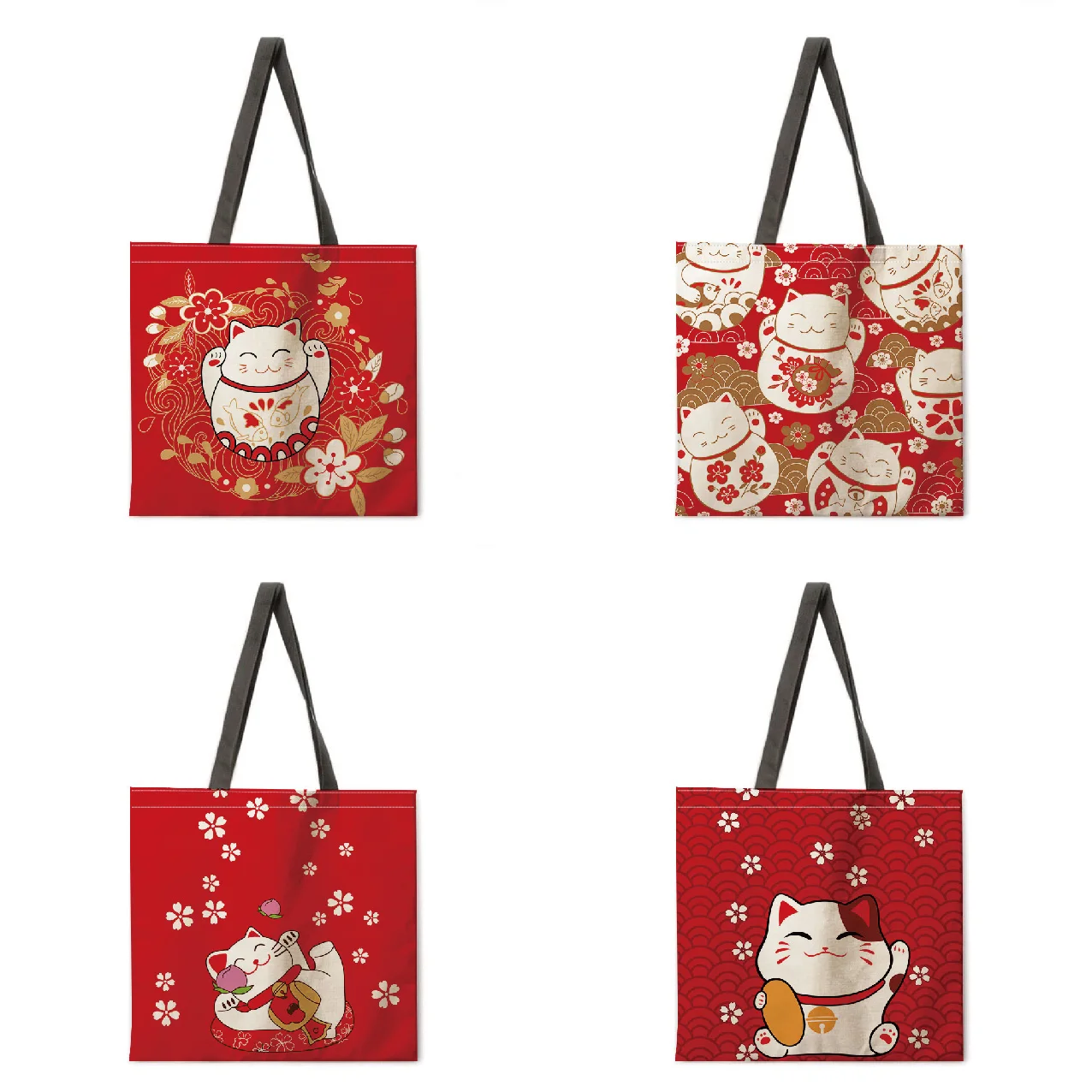 

Japanese lucky cat linen handbag light shoulder bag large capacity eco-friendly shopping bag tote bag