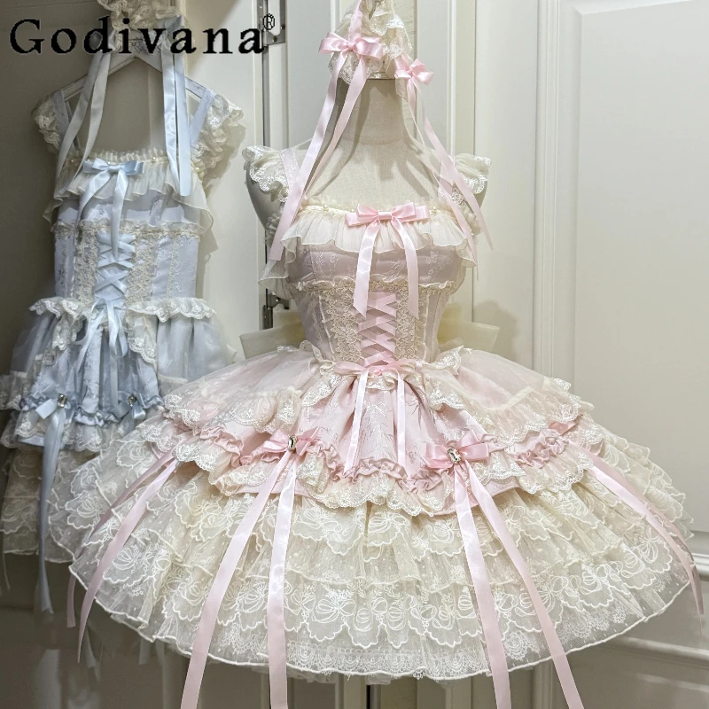 

Original Sweet Lolita Pink Sling Dress Summer New Girl's Sweet Elegant Lace Princess Dress Women's Japanese Sleeveless Dress JSK