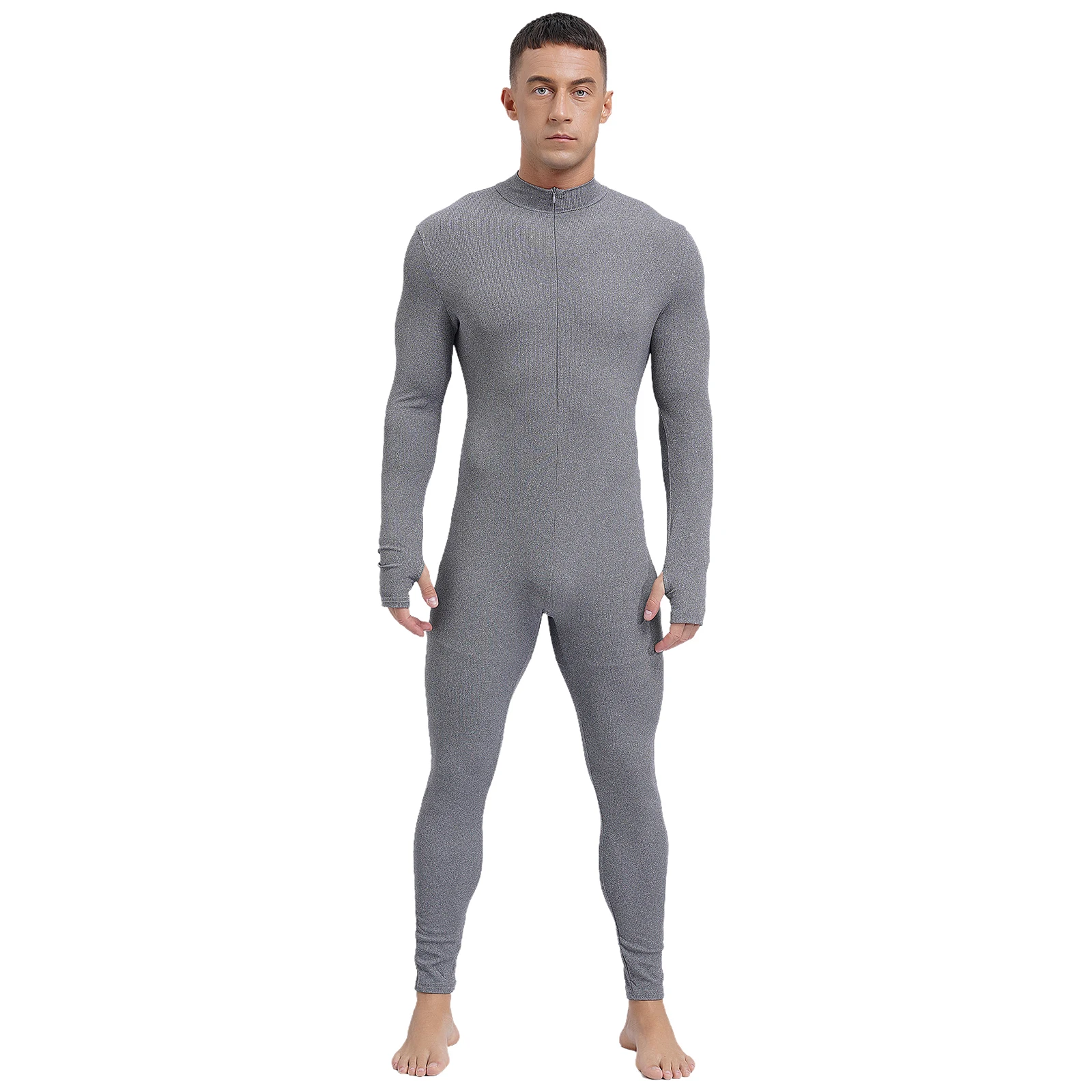 Men's Gymnastics Jumpsuit Solid Color Athletic Unitard Male Long Pants Front Zipper Rompers for Workout Yoga Gym Bodysuit