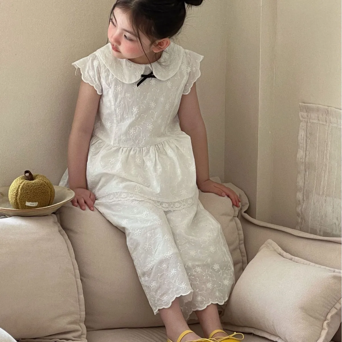 2026 Spring and Summer New Children Clothing Korean Lace Korean Girls Peter Pan Collar Lace Flying Sleeve Top Two Piece Set
