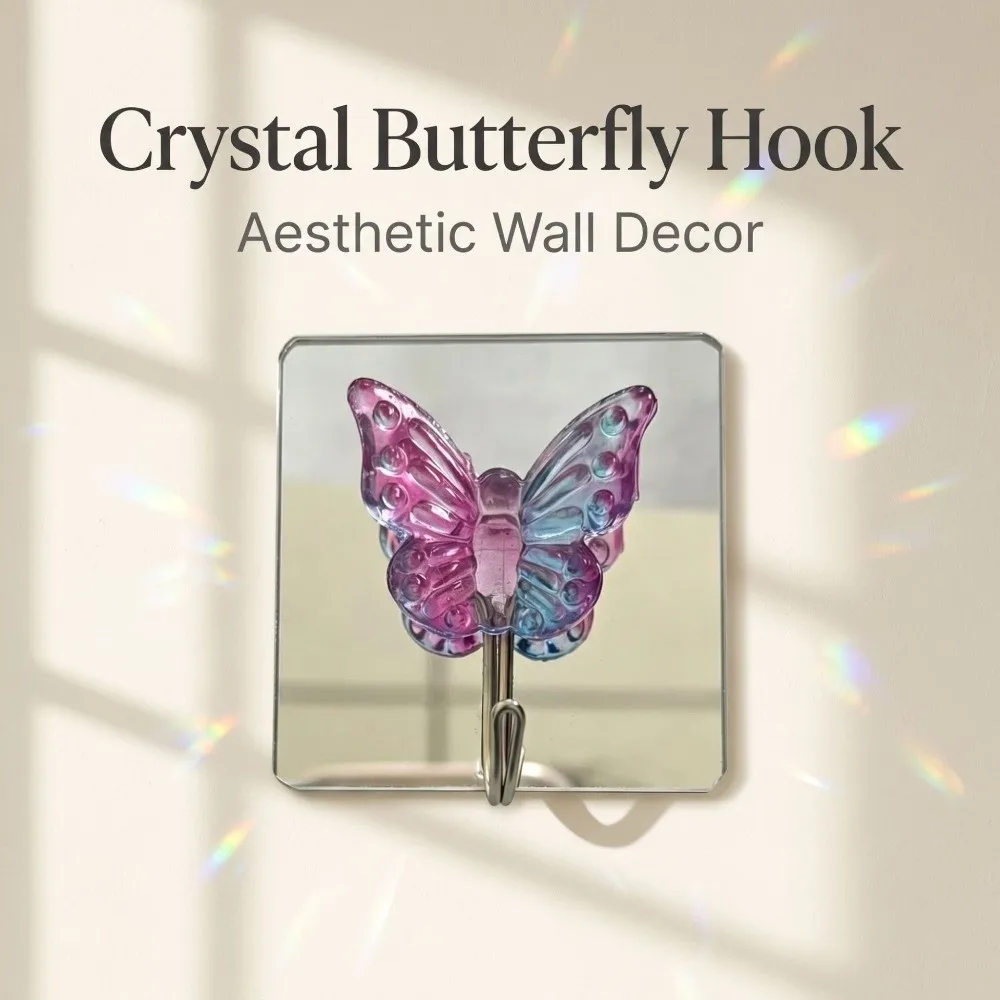 2PCS Self Adhesive Crystal Glass Butterfly Hooks Waterproof with Mirror Wall Hooks Decorative Bathroom Hook Kitchen