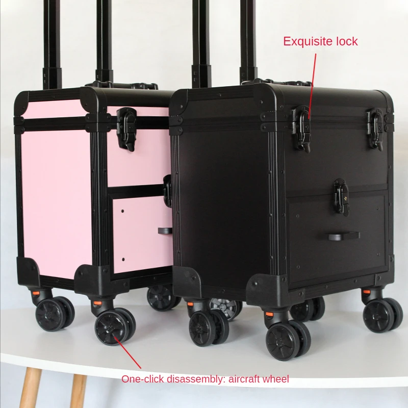 Boîte à cosmétiques de voyage professionnelle pour femmes, broderie de cils à ongles, sac à outils de rangement, valise de voyage de luxe légère, bagages à roulettes