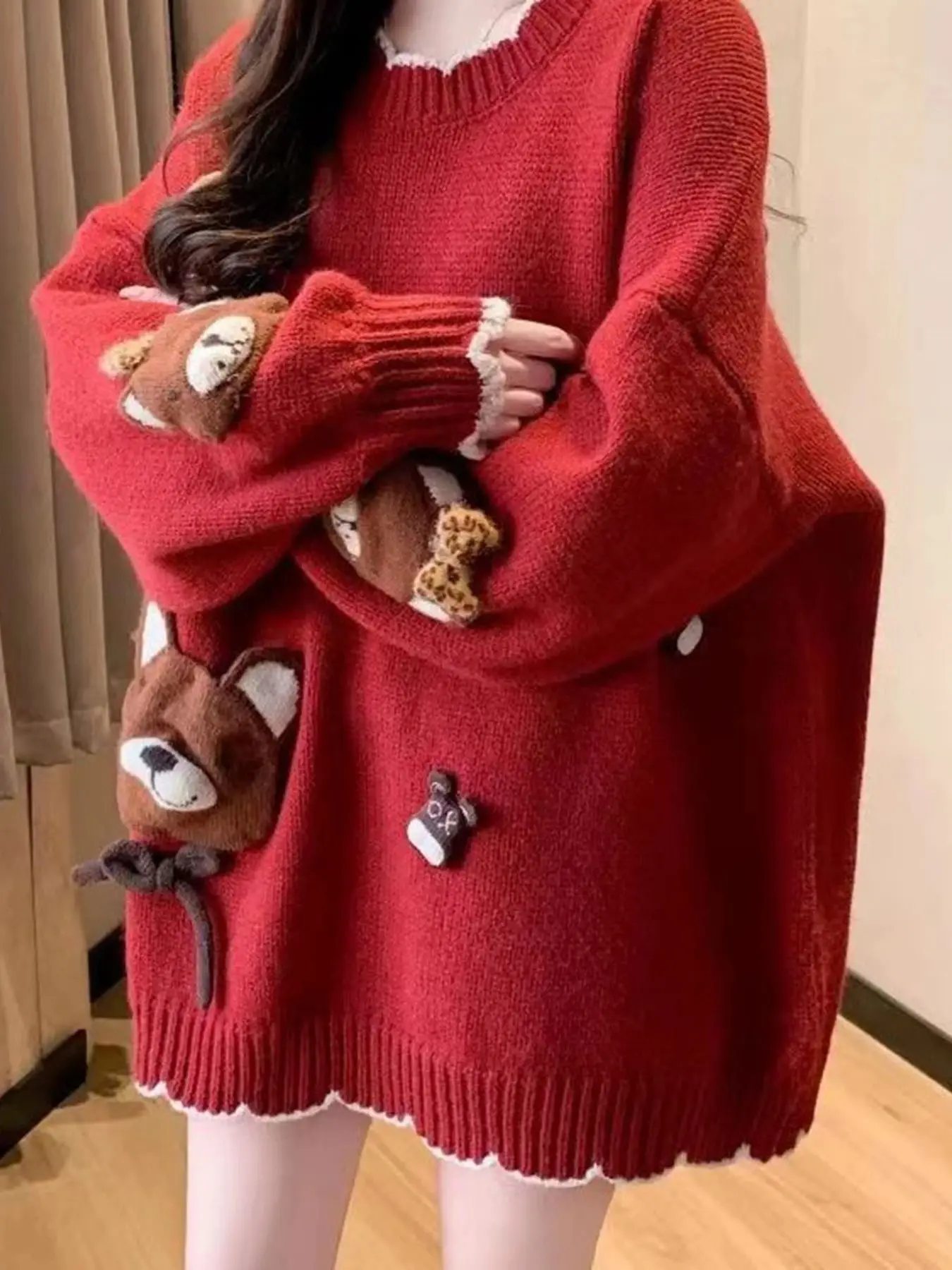 

Large Red Cute Design Knitted Top For Women In Autumn And Winter, Loose And Lazy Retro Fashion Sweater