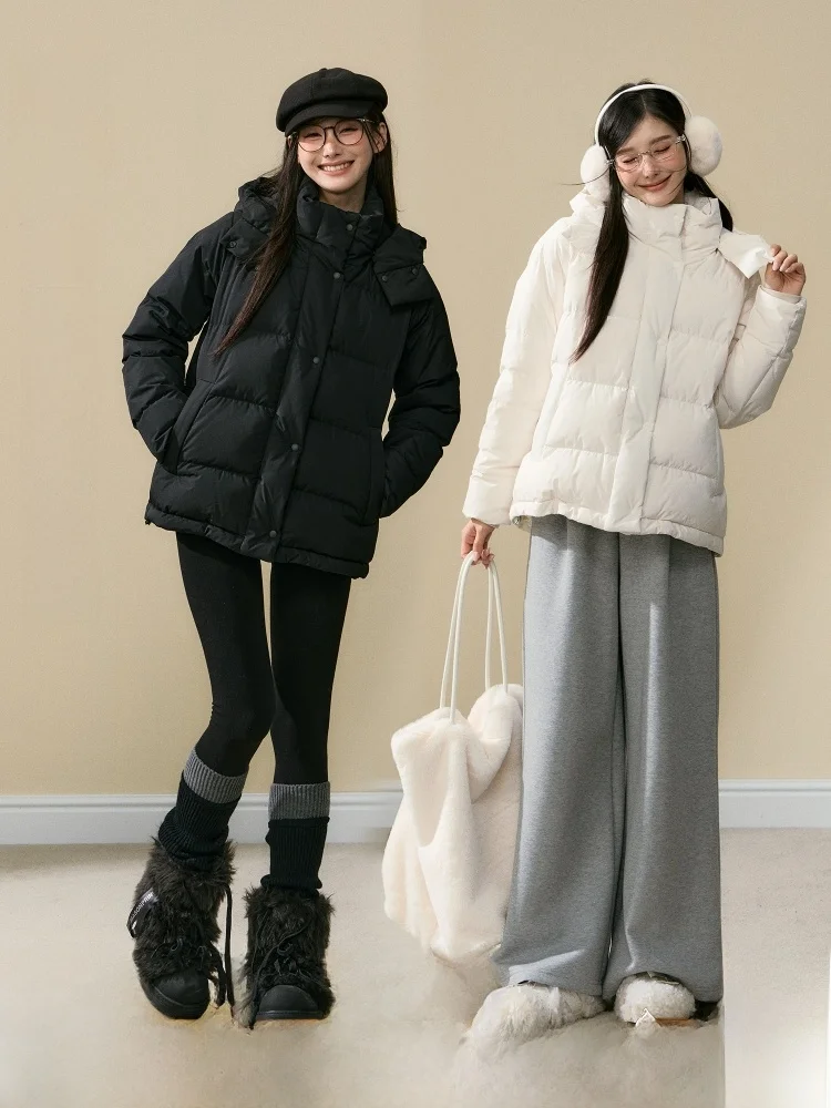 

ELEVEN SP Women's Winter Puffer Jaet 90% White Du down Hooded Loose Fit Warm Korean Sle High Waist Commute Windbreaker