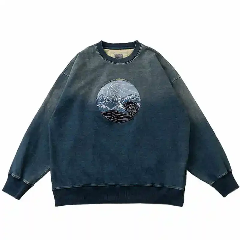 Japanese Style Men's Sea Waves Hand Embroidered Indigo Washed Pullover Autumn Hoodie for Men and Women