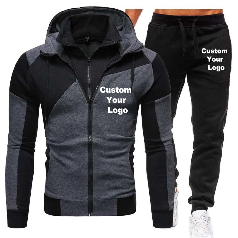 

New Men Custom Logo Sets Fashion Sporting Suit Brand Zipper Sweatshirt +Sweatpants Mens Clothing 2 Pieces Sets Slim Tracksuit