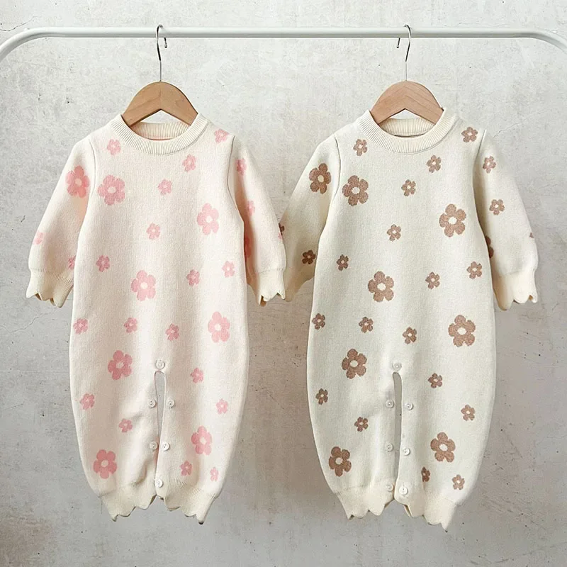 2024 New Autumn Toddler Baby Girl Knitted Romper Long Sleeved Print Infant Baby Girls Knitted Jumpsuit Children Knitted Clothes