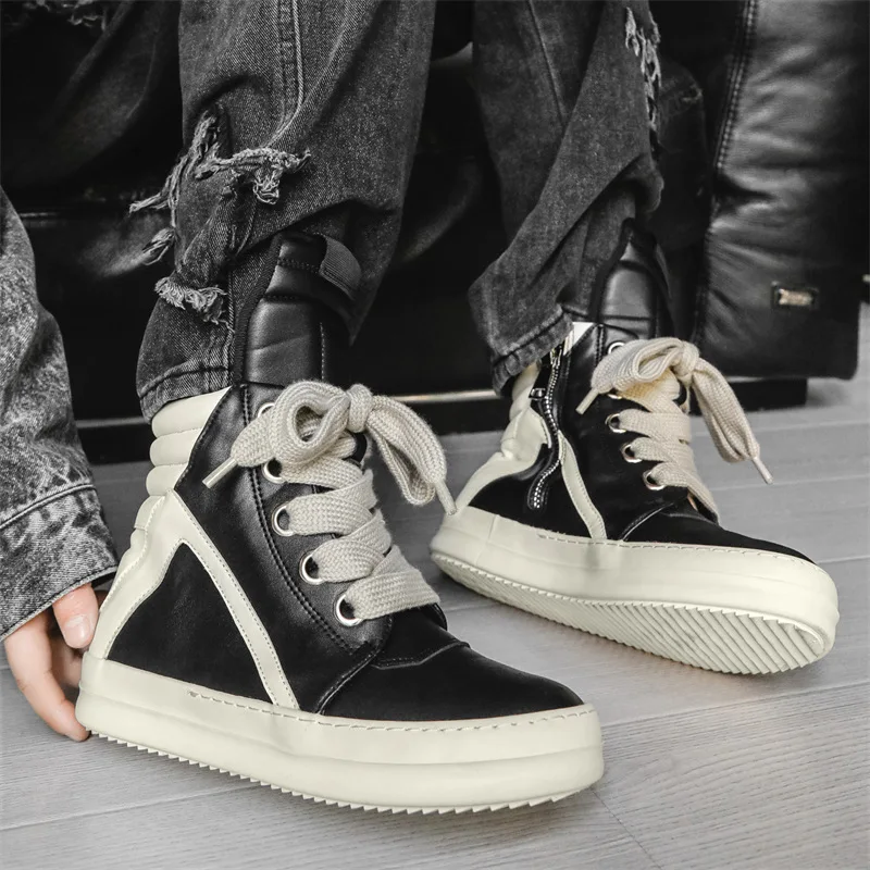 Men Shoes Thick Shoelace PU Leather Sneakers Design Luxury Brand Owens Shoes Platform Vintage Streetwear Ankle Boots