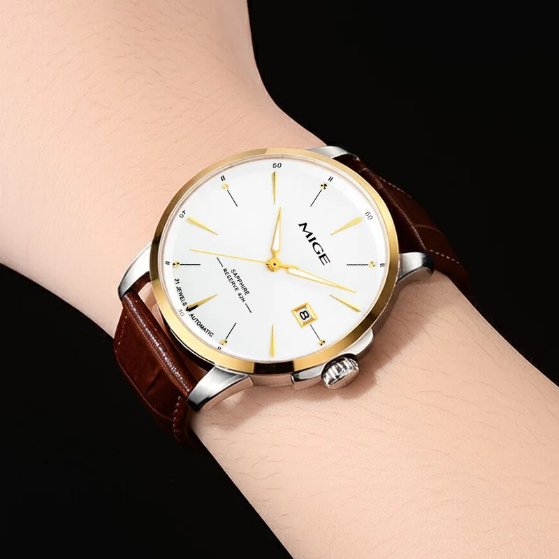 MIGE Original MIYOTA Orologi da uomo Orologio meccanico automatico Orologio da polso con calendario luminoso di lusso impermeabile in acciaio inossidabile