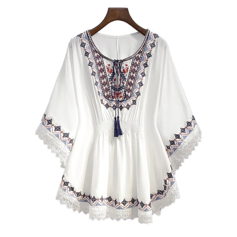 

Simple Lace-up Tassel Bohemian Style T-shirt Embroidery Loose Short Sleeve T Shirt High Waist Round Neck Ethnic Style Tops Women