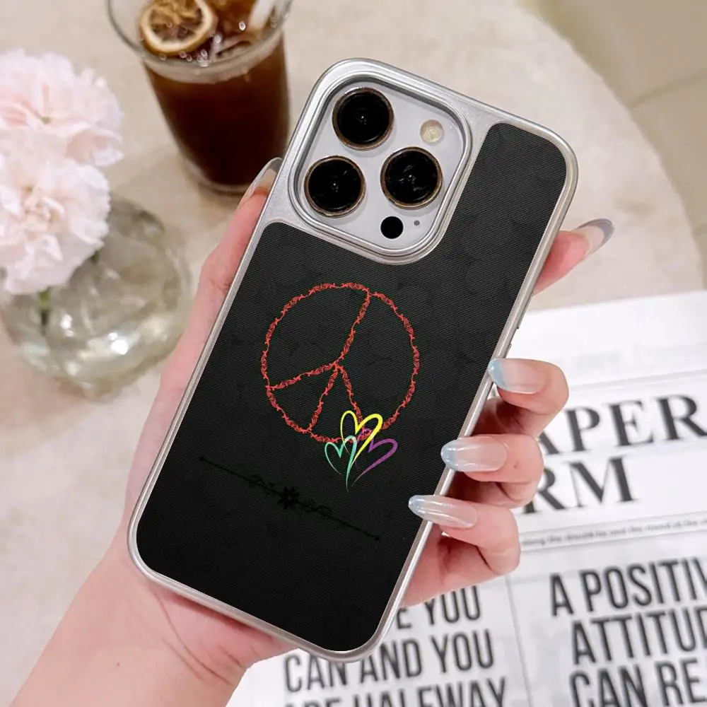

Cute Peace Love Phone Case for iPhone 17 16 15 14 13 12 11 Air Pro Max Plus Electroplated Silver Cover