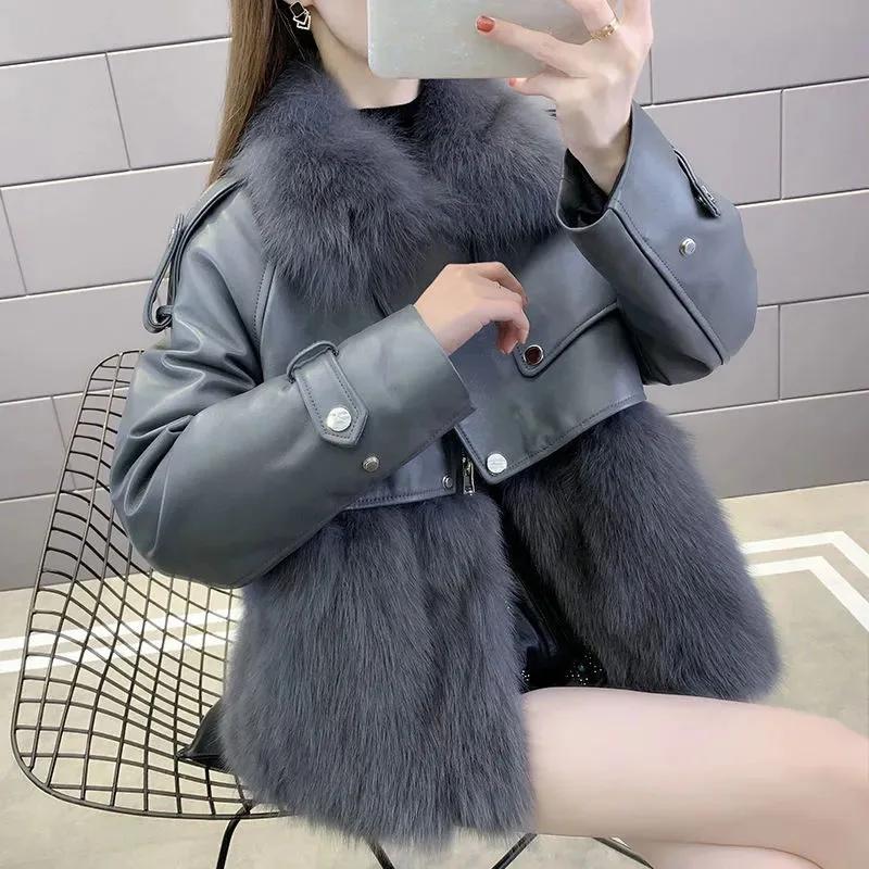 New Winter PU Sheepskin Coat Women Loose Motorcycle Jackets Female Streetwear Oversized Coat Winter Faux Fox Fur Leather Jacket