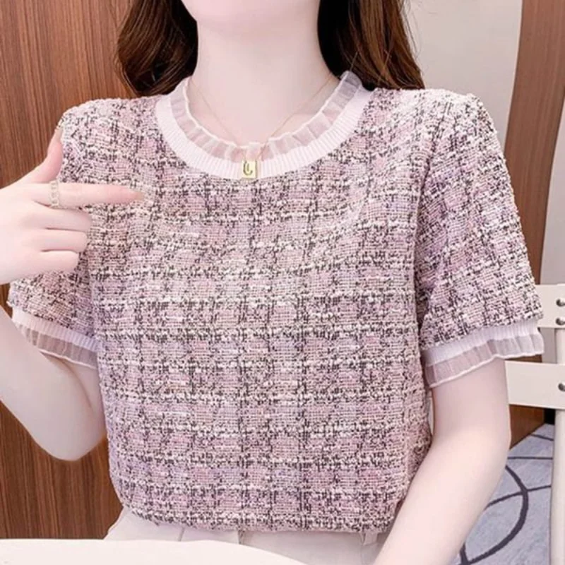 2024 New Summer Elegant and Elegant Style Small Fragrant Wind Fashion Wooden Ear Round Neck Western Short Top for Women