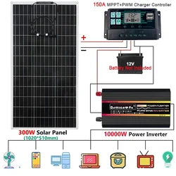 Solars Power System 300W(#100W) PET Solar Panel+150A Charge Controller+12000W 10000W Inverter Power Generation for Home Outdoor