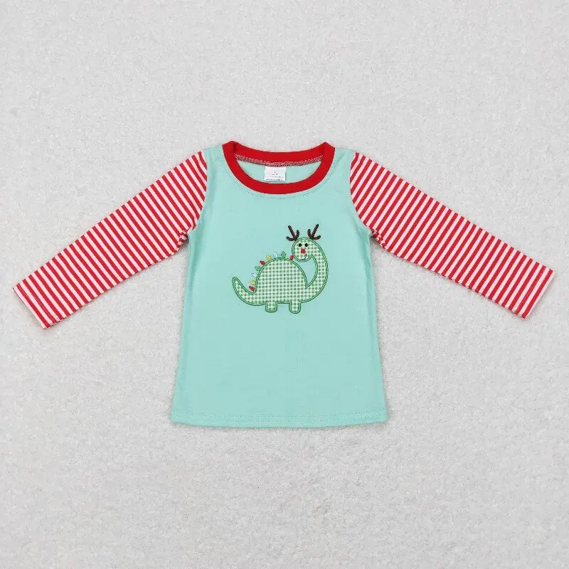 

New rts Infants Boys Valentine's Day Tops Wholesale Boutique Embroidery Dinosaur Striped Raglan Green baby boys shirts