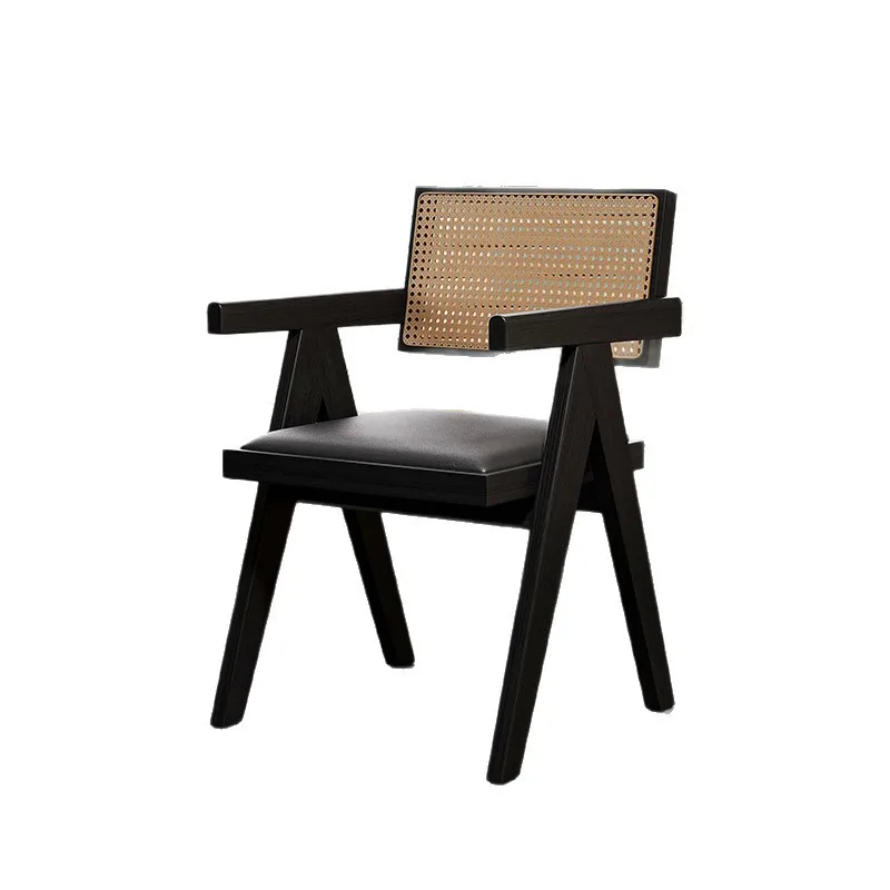 

Solid wood dining chair household antique Chandigarh wabi sandy wind soft bag armrest back casual rattan chairs