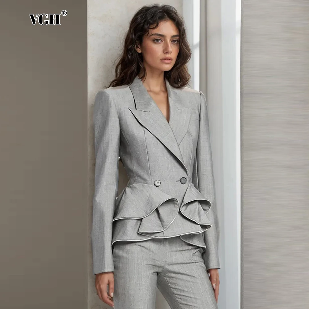 VGH Patchwork Ruffles Elegant Blazers For Women Notched Collar Long Sleeve Spliced Button Temperment Slimming Blazer Female New