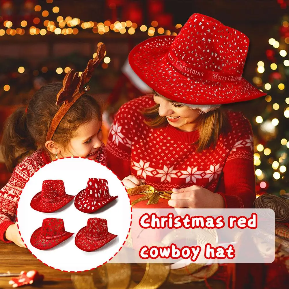 1pcs Christmas Red Cowboy Hat Santa Claus Eva Star Cowboy Snowflake Print Hat New Year Hat Holiday Celebration Unisex F8i7