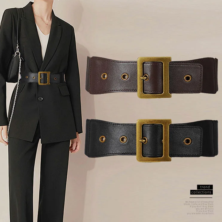 Fashion Elastic Wide Belt for Women, Genuine Leather Corset Waist Cinch, Ideal for Dress, Suit, and Outerwear with Metal Buckle