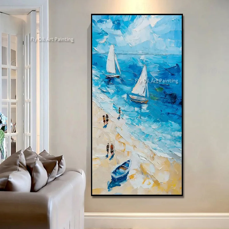 Heavy Impasto Large Canvas Coastal Oil Painting Hand Painted Summer Beach Scene Artwork Living Room Home Decor Items