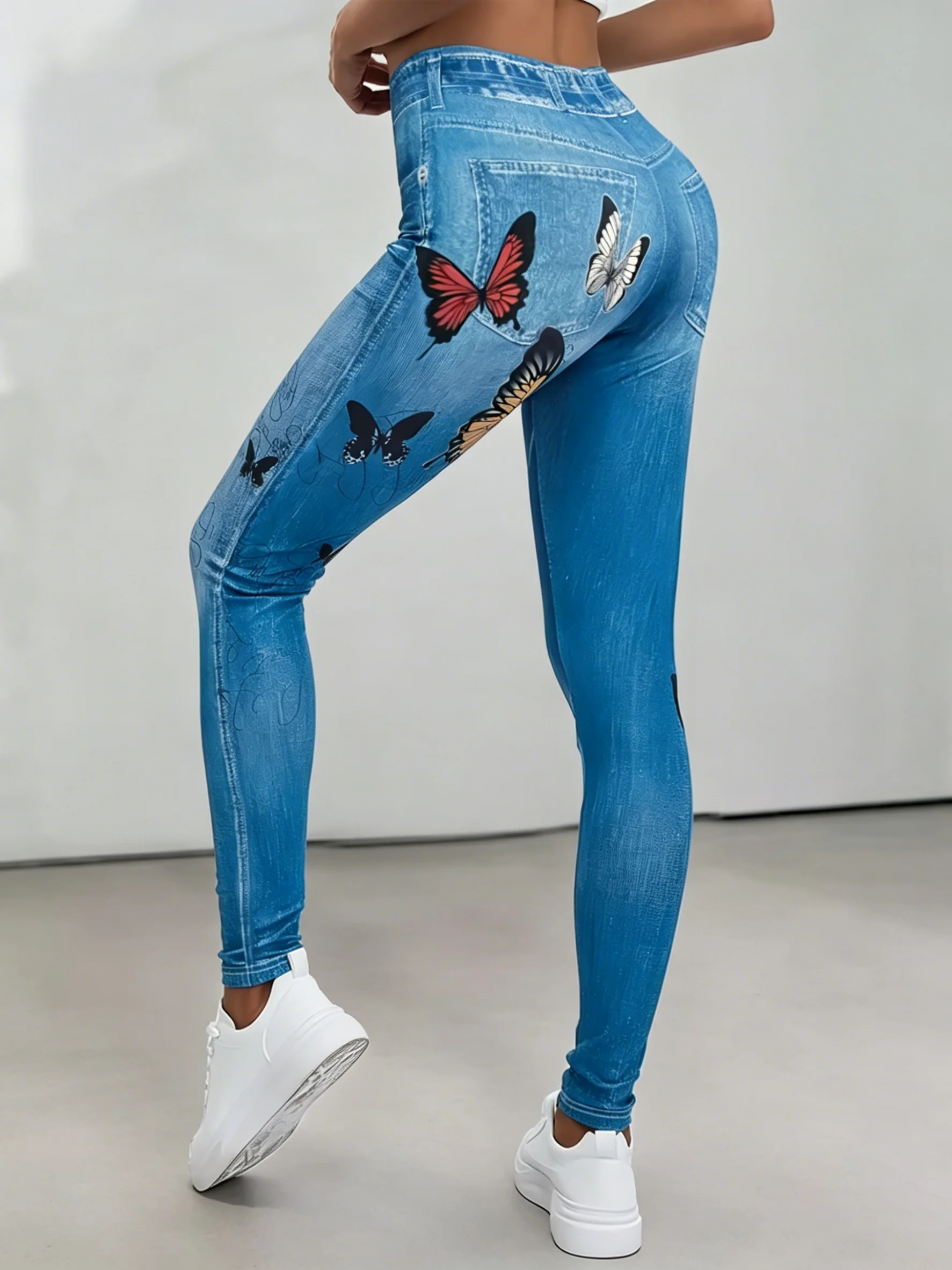 

Spring Women's High Waisted Non-Denim Leggings,Casual Elastic Workout Butterfly Print Pants Slim Fit Skinny Pencil Leggings