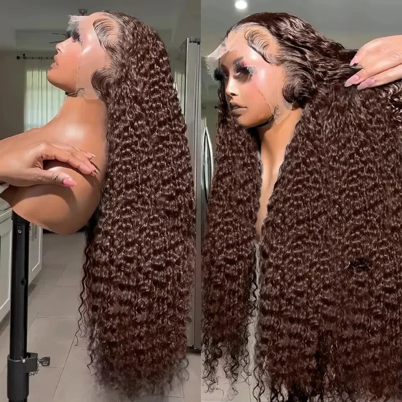 Colored Curly Human Hair Wigs Deep Wave Chocolate Brown Hd Lace Wig 13x6 Human Hair Water Wave Lace Front Wigs On Clearance Sale image 4