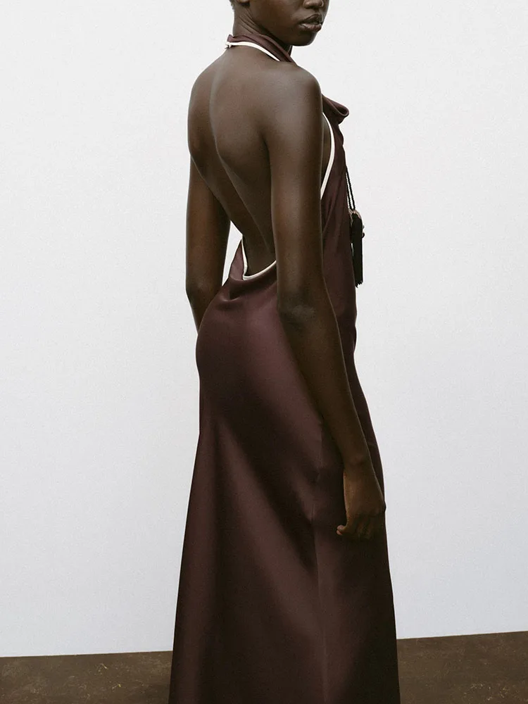 

New Summer Bal Color Blo Silk Satin Midi Dr Women's Faionable High Ne Long Gown for Banquet