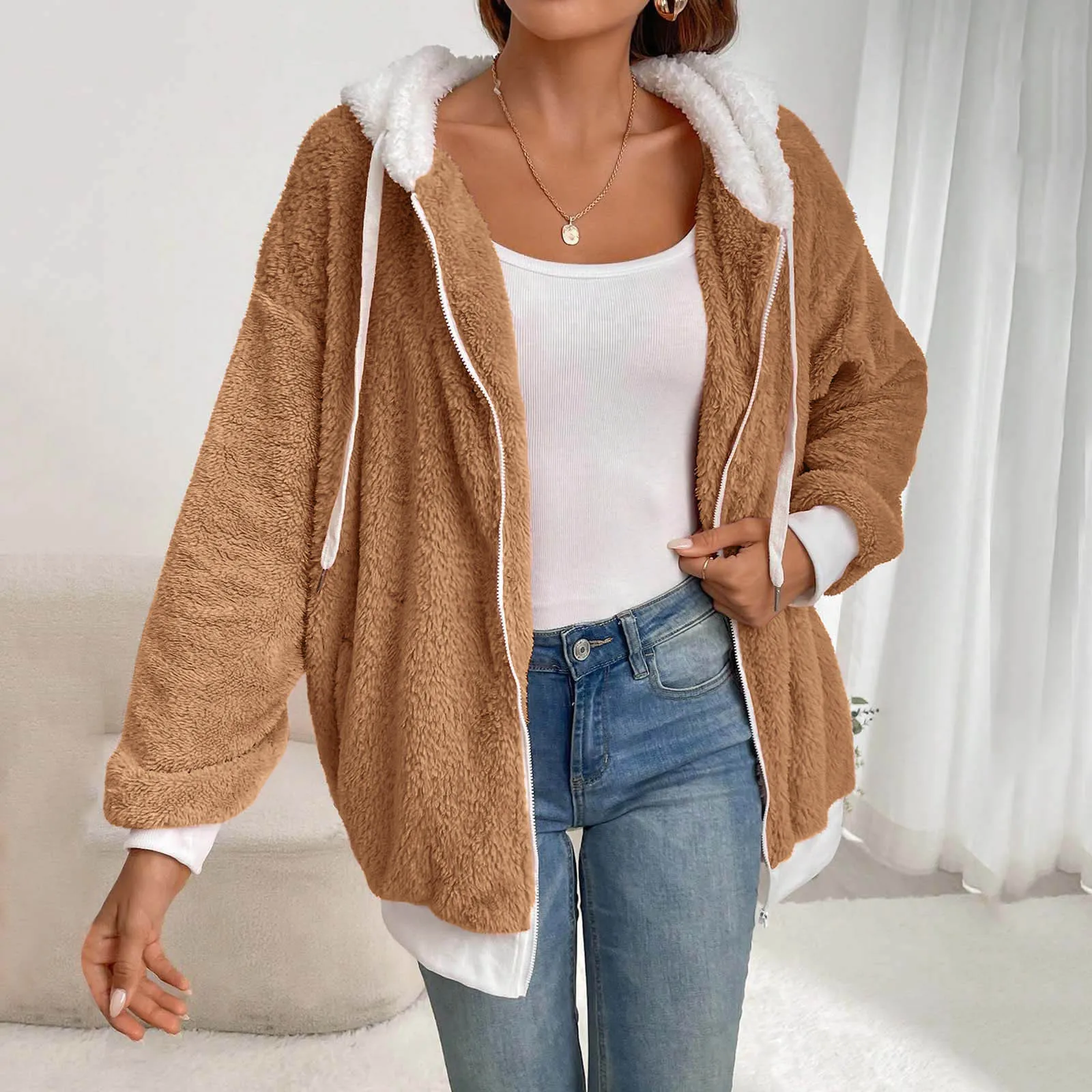 Frauen einfarbig Kordel zug Plüsch Reiß verschluss Mantel große Kapuze Strickjacke Pullover Mode ästhetische bequeme warme Mantel