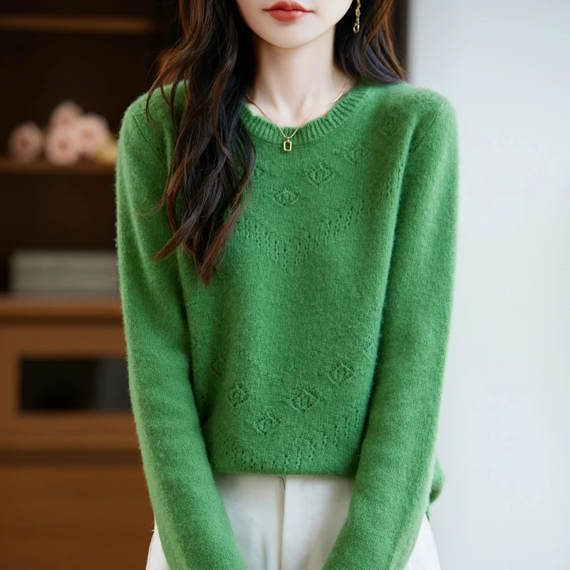 Pull en cachemire évidé à col rond pour femme, 100% laine mérinos, tricot, manches Leurs lan, décontracté, chaud, automne, hiver