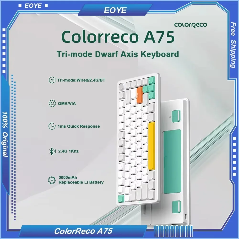 ColorReco A75 Mechanical Keyboard Triple Mode Wireless Bluetooth Kaihua Short Shaft Gasket Office Gaming Portable Ergonomic DIY