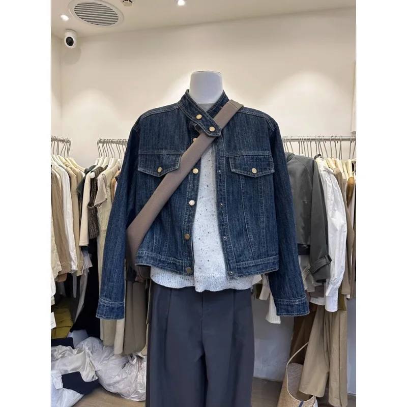 

Jackets Denim Coat Women Vintage Outerwear Washed Distressed Single Breasted Stand Collar Pockets 2025 Autumn Office Lady
