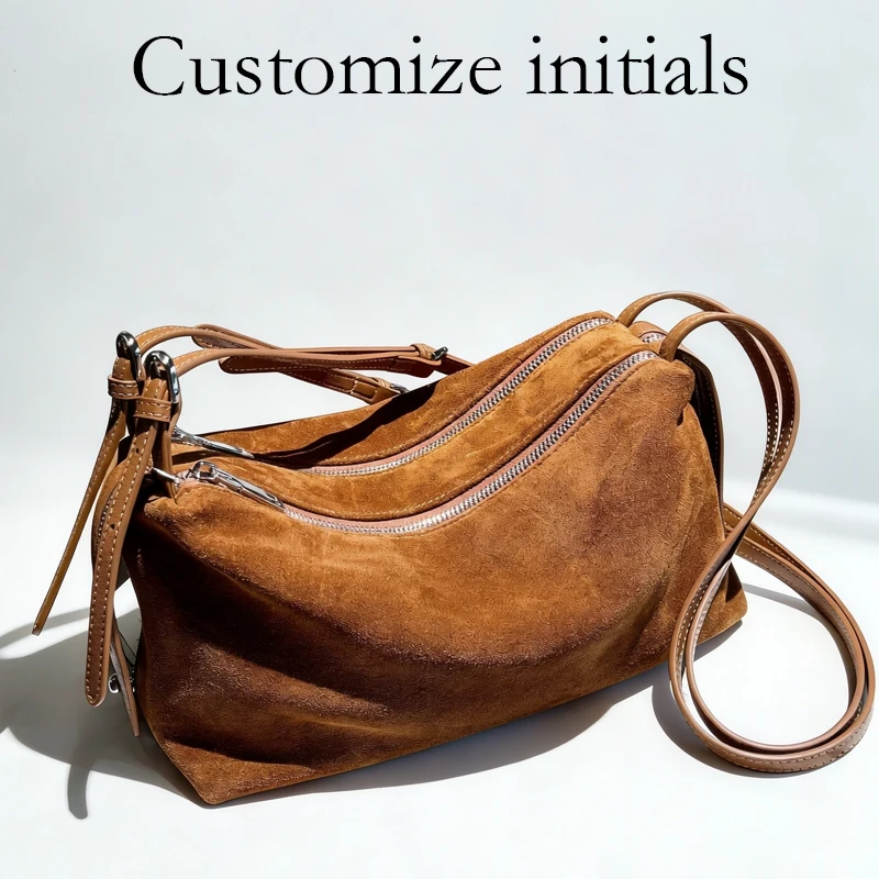 Customize Initials Leather Dual Zippers Bags For Women Luxury Designer Handbag Purse 2026 New In Suede Cowhide Underarm Shoulder