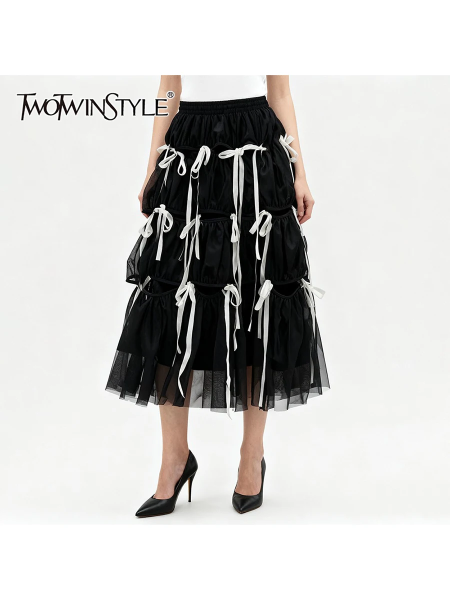 TWOTWINSTYLE Loose Spliced Bowknot Fashion Skirts for Women High Waist Patchwork Shirring Long Skirt Female Autumn Clothing New