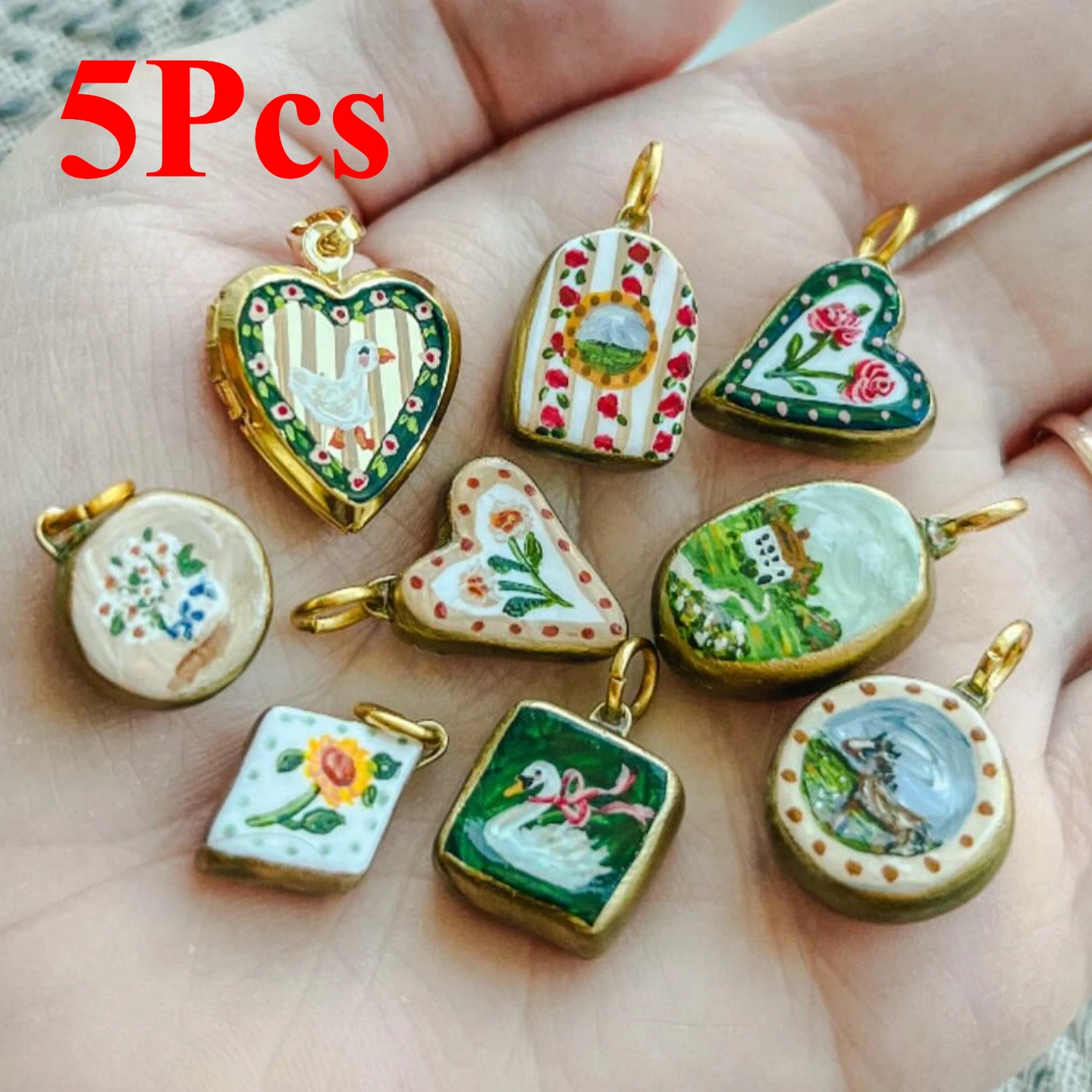5pcs Rose Sunflower Flower Charms Double Sided Fruit Print Pendant for Jewelry Making DIY Necklace Women Girls Accessories