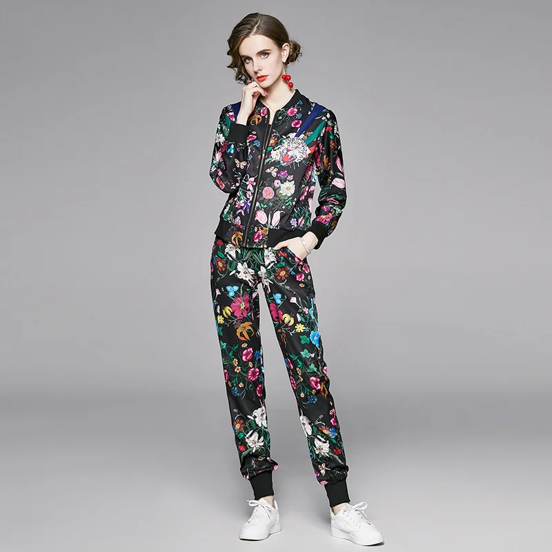 

England Style Print Streetwear Two 2 Piece Set Women Ladies Tracksuit Female Jacket Sweart Pants Joggers Outfits