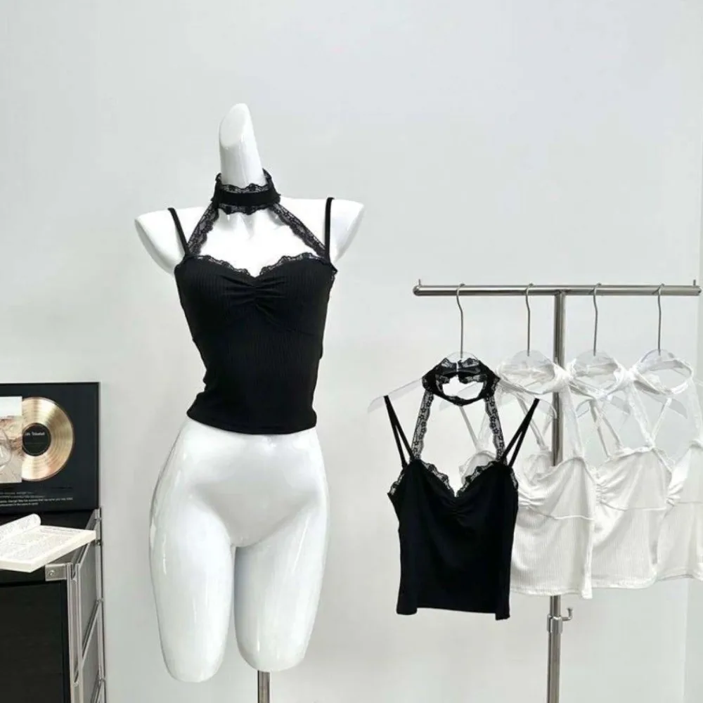 

Elegant Hanging Neck Lace Ruffled Lace Camisole Slim Fit V-neck Crop Tops Streetwear Tanks Suspender Vest Travel
