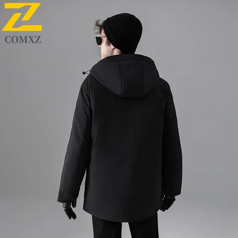COMXZ Men Down Jacket Trendy Hooded Business Casual Lightweight Parka Comfortable Daily Style Cold Protection Winter Coat