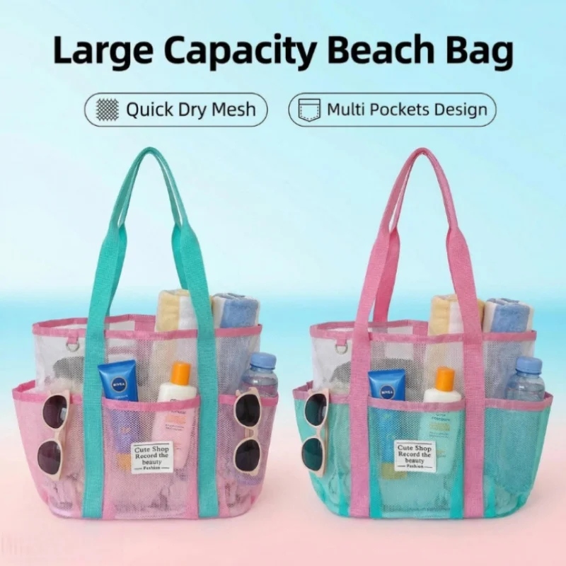 Pink Swimming Bag Large Capacity Vacation Beach Bag Portable Tote Mesh Sport Storage Bag Breathable Travel Toiletry Shower Bag