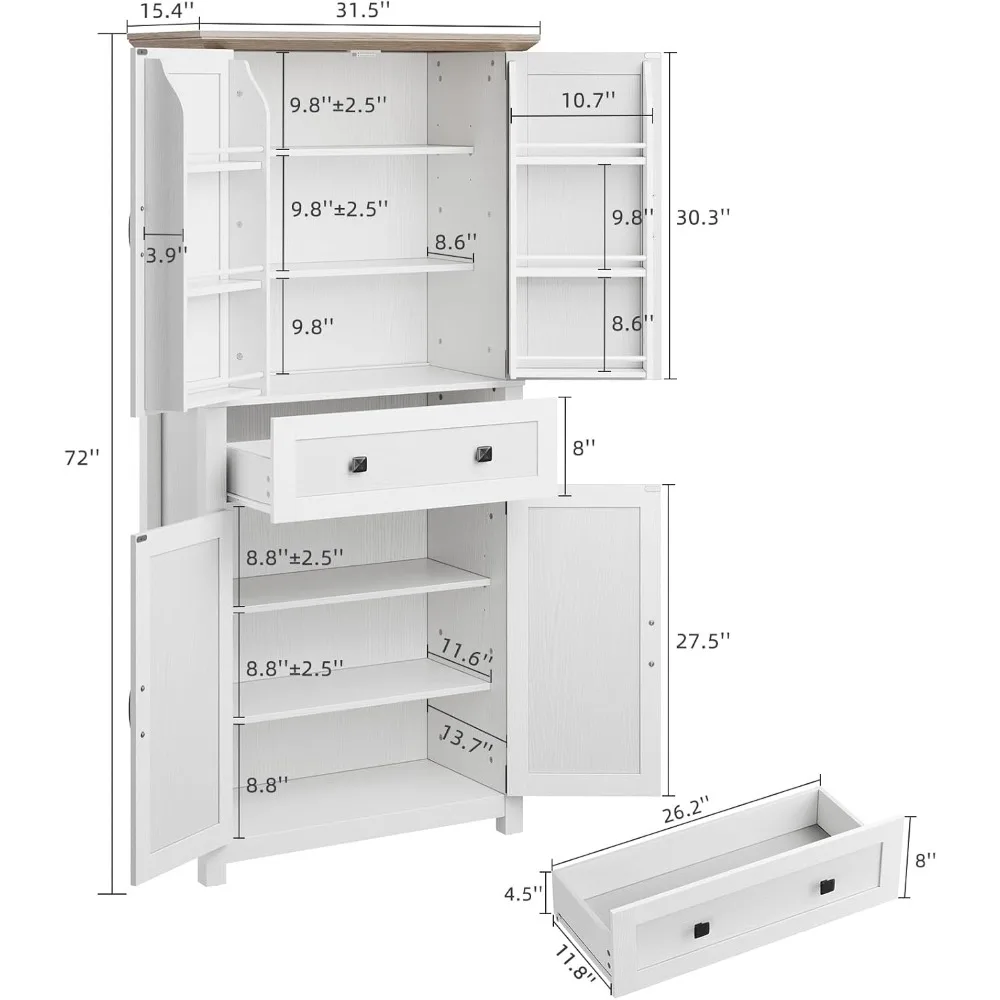 Armoire de garde-manger de cuisine de 72 pouces, armoire de rangement haute avec étagères à 4 portes, tiroir, étagères réglables, armoire autoportante