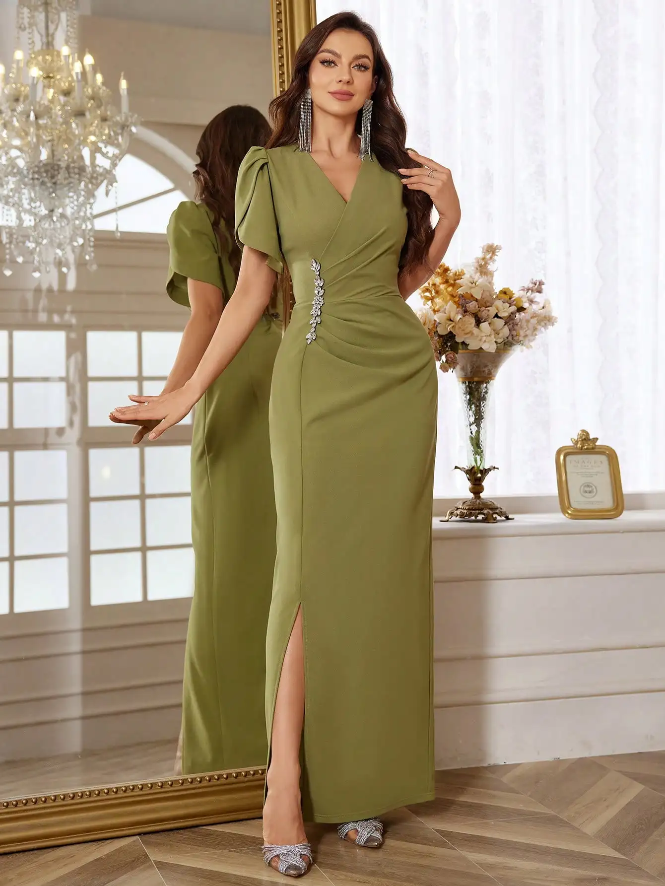 

Olive Green V-Neck Formal Maxi Dress with Side Slit and Crystal Embellishment