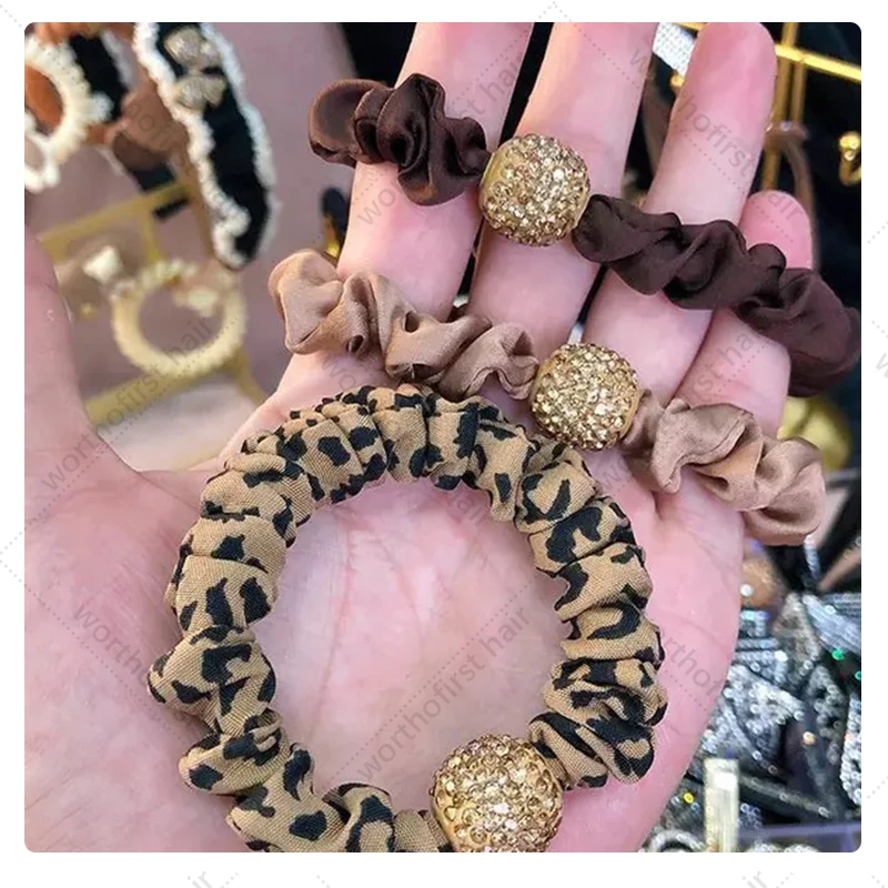 Ladies Fashion Large Intestine Ring Head Rope Rhinestone Hair Ring Women\'s Solid Color  Elasticity Hair Rope Hair Accessories