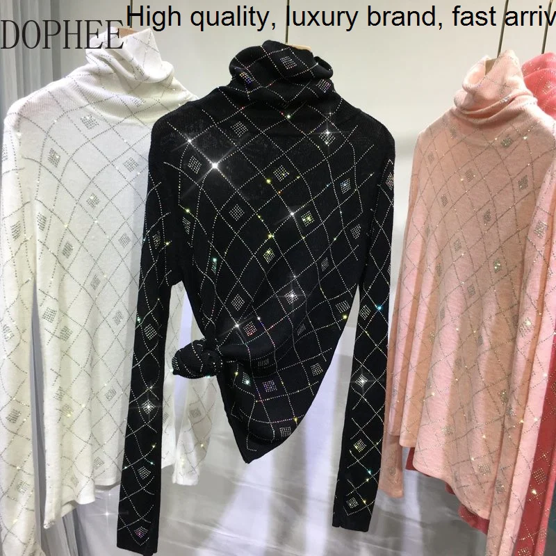 

Hot Drilling Plaid Women Bottoming Shirt 2023 New Autumn Winter Long Sleeve Knitted Top Pullovers High Collar Slim Black T-shirt