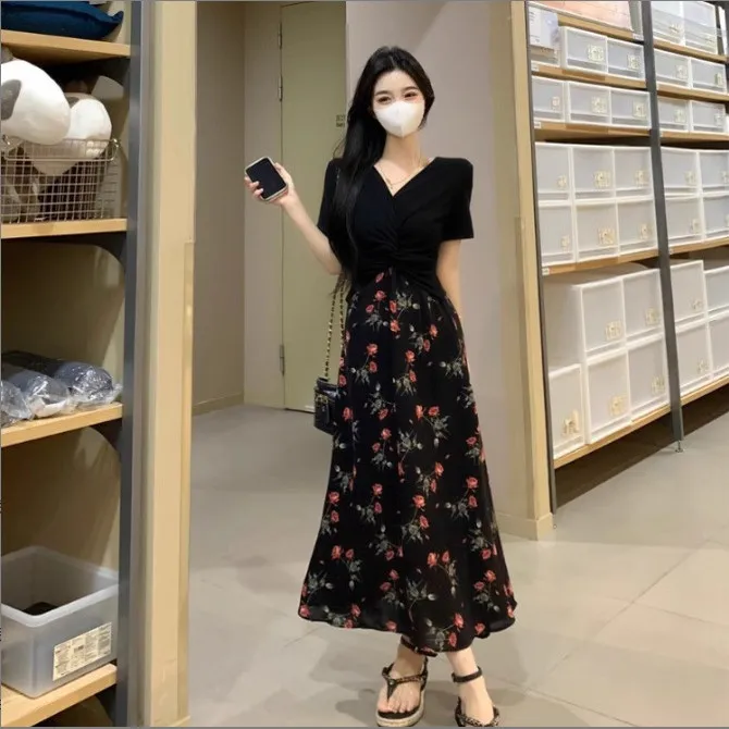 Summer 2025 Women's V-Ne ort Sve Long Dr High Waist A-Line OL Dres Floral Print Commute Sle Polyester Fiber